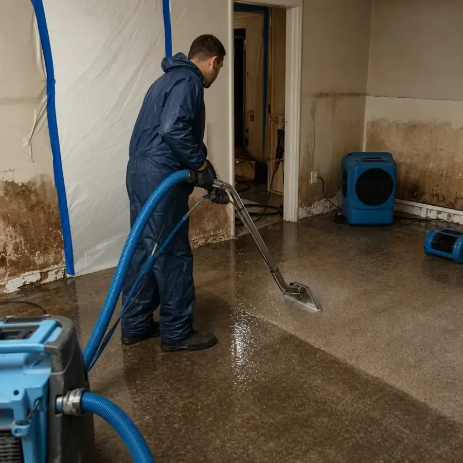 Restoration technician extracting water from the floor of a water-damaged home